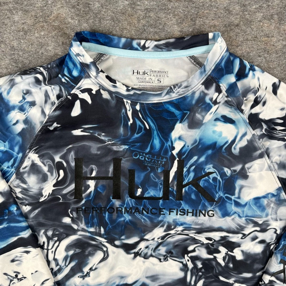 HUK Performance Fishing Shirt Mossy Oak Elements Hydro Camo Blue Mens Small S - Picture 2 of 12